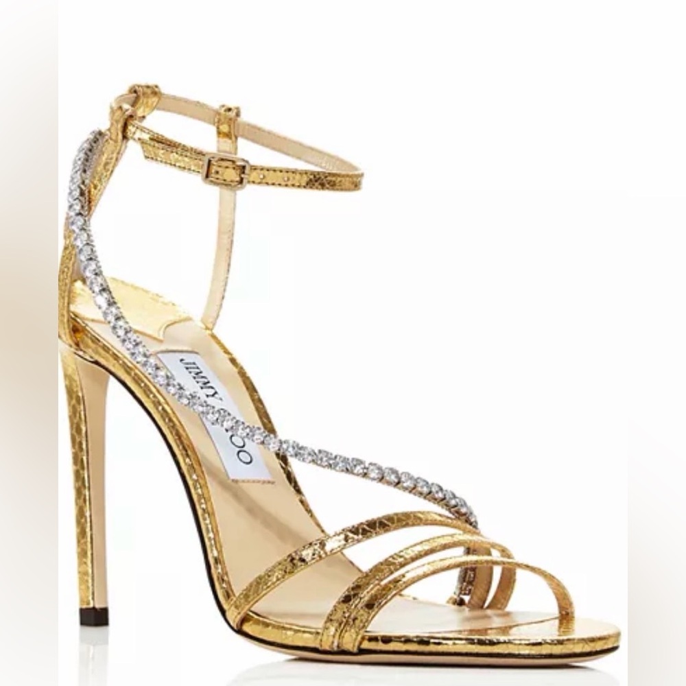 Jimmy Choo Thalia Gold Crystal-Strap Stiletto Sandals 100mm